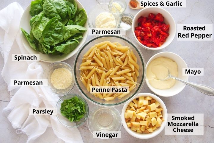Ingredients to make penne pasta salad with smoked mozzarella