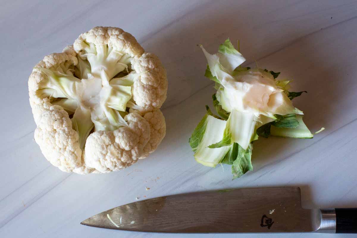 Whole head of cauliflower with core and outer leaves removed