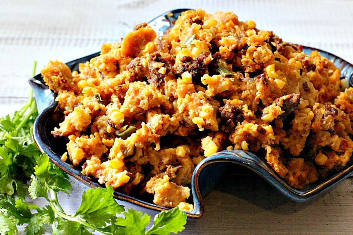 Cornbread dressing with chorizo and jalapeno peppers