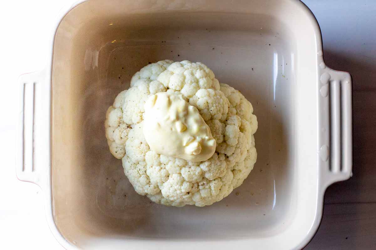 A whole head of cauliflower cooked in the microwave