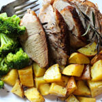 Cosori braised pork roast with broccoli and roasted potatoes, cooked in the Cosori Electric Pressure Cooker