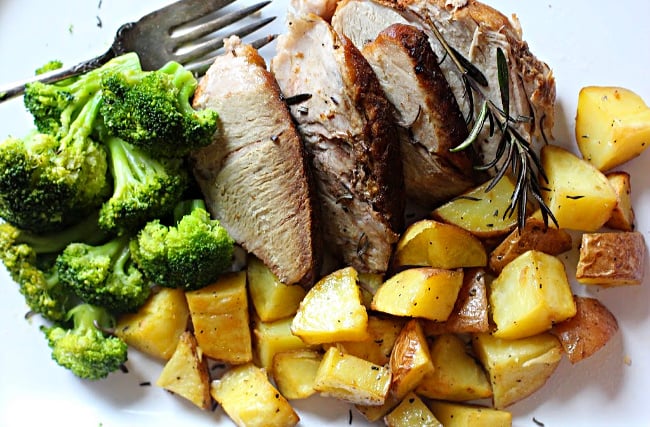 Cosori braised pork roast with broccoli and roasted potatoes, cooked in the Cosori Electric Pressure Cooker