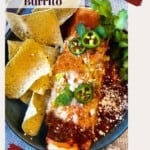 Enchilada burrito served with corn chips.