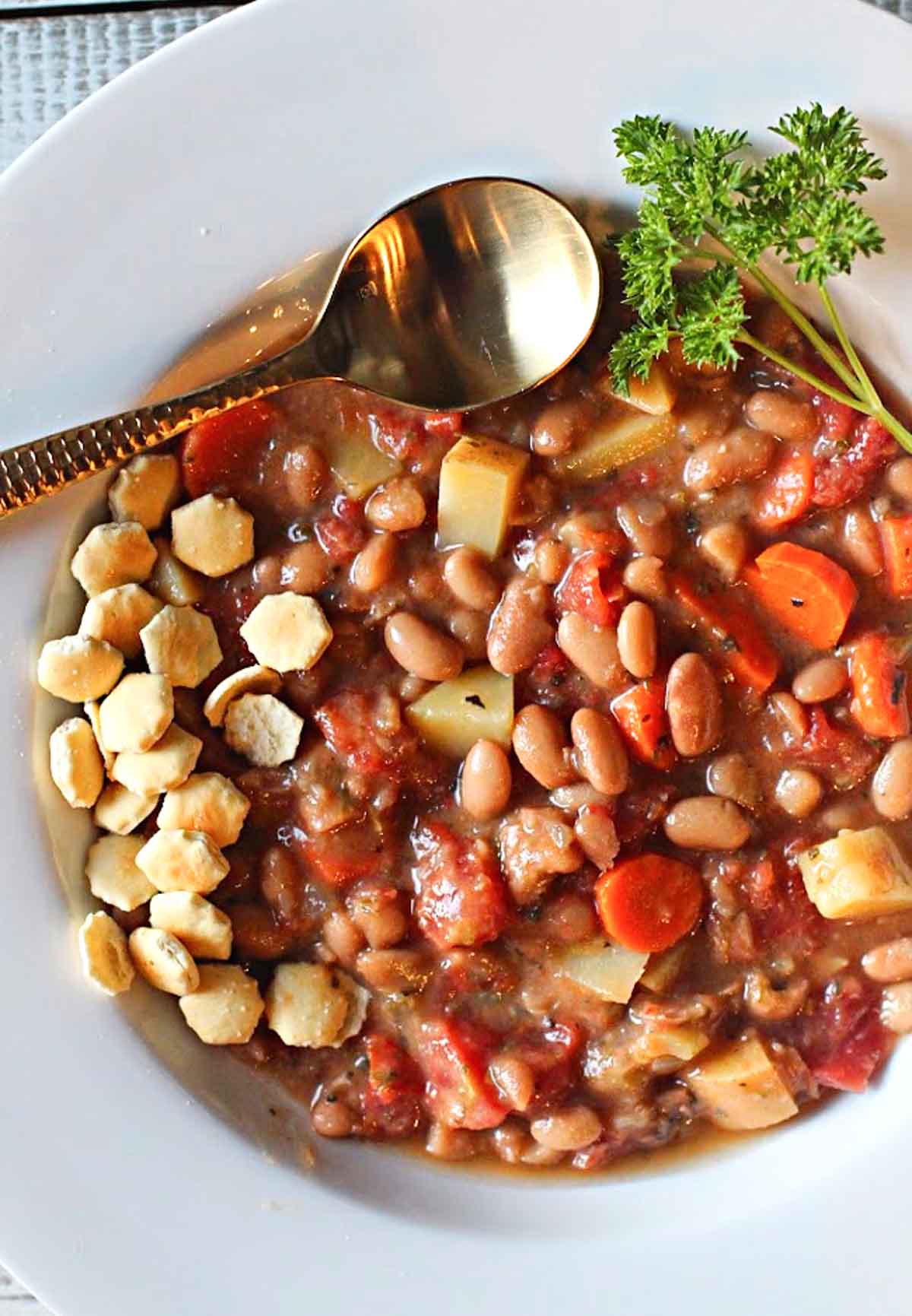 Mayocoba bean soup with potatoes and vegetables.