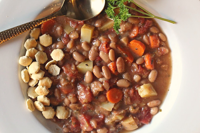Vegetable and potato soup with mayocoba beans
