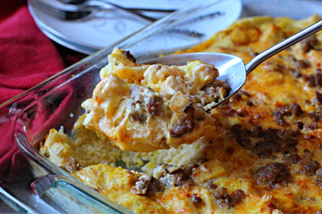 Egg sausage cheese breakfast casserole with fresh green grapes