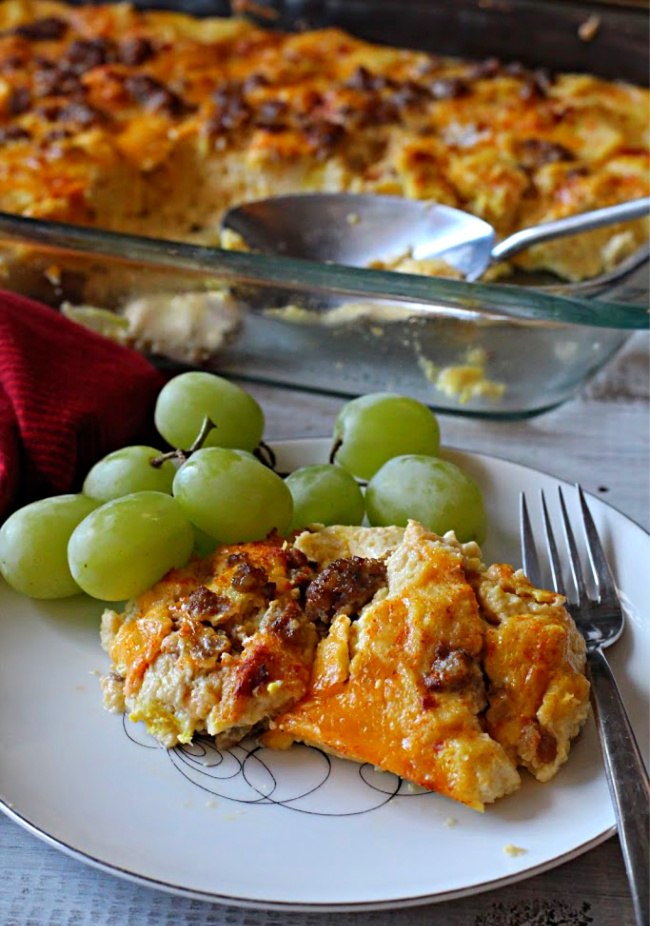 Sausage egg cheese casserole with fresh green grapes