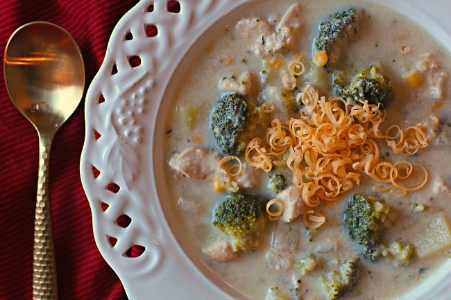 Cheesy Chicken Chowder with broccoli, potatoes and corn