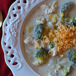 Cheesy chicken chowder wit broccoli corn and potatoes