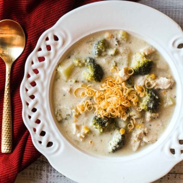 Chicken Vegetable Chowder in a white lattice bowl.