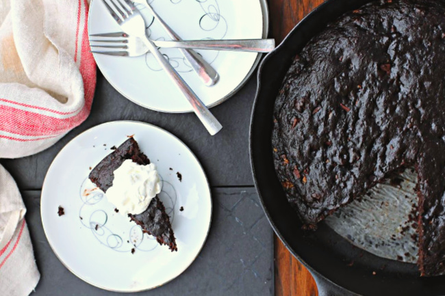 Dark Chocolate banana bread recipe baked in a cast iron skillet