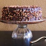 Chile Chocolate Cake on an antique glass cake stand with a gold flatware fork.