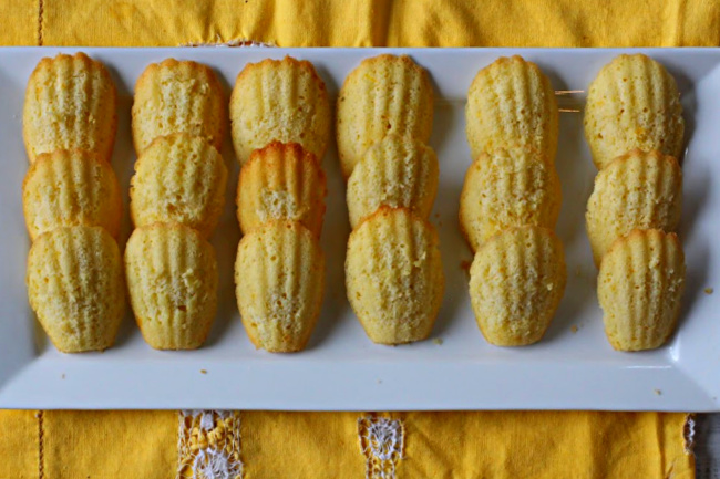 French Madeleine Cookies lined up on a white platter