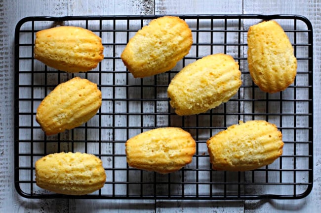 Cooked madeleines on a cooling rack