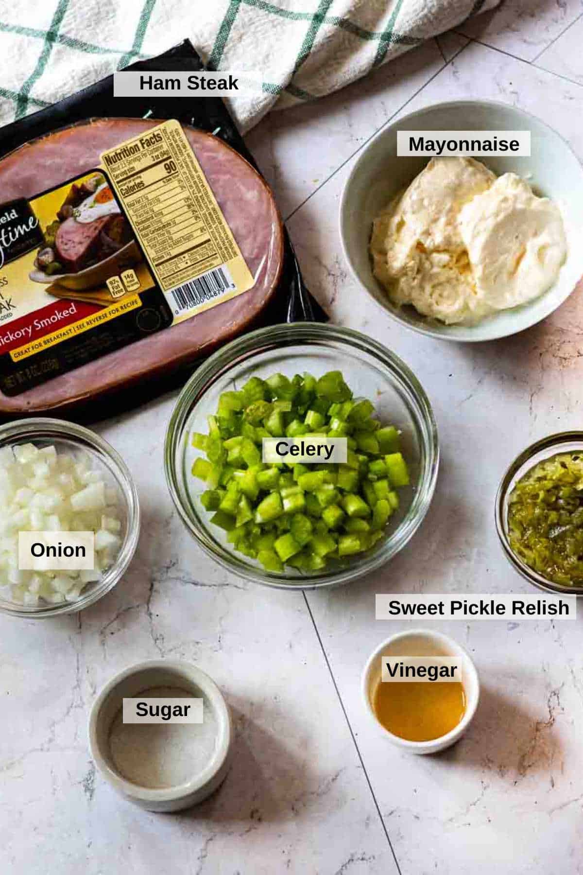 Ingredients to make ham salad for ham salad sandwiches.