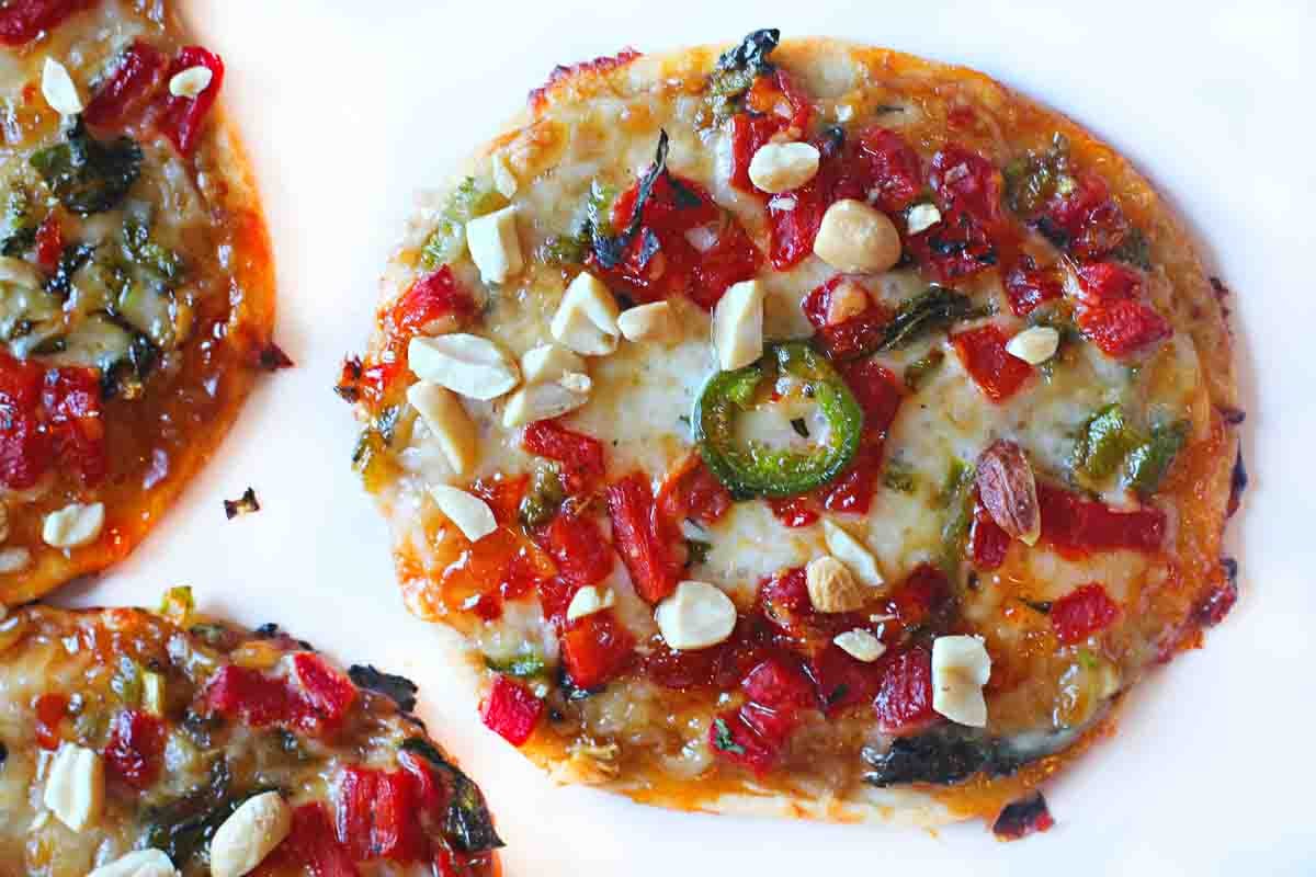 Thai Tortilla Pizza made on flour tortillas.