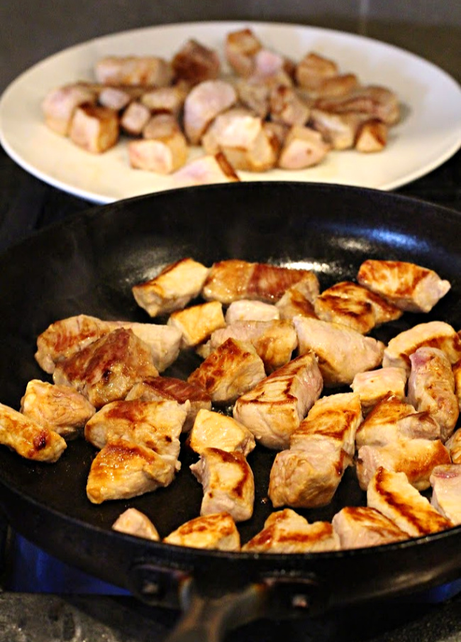 Browned pork chunks for making carne adovada