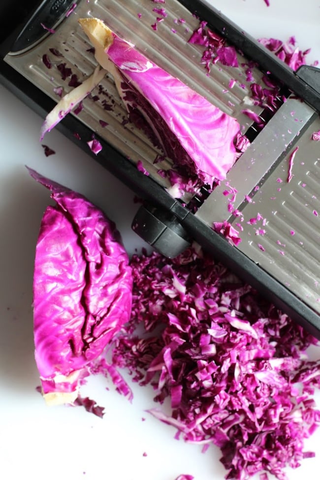 slicing cabbage on an OXO mandolin grater