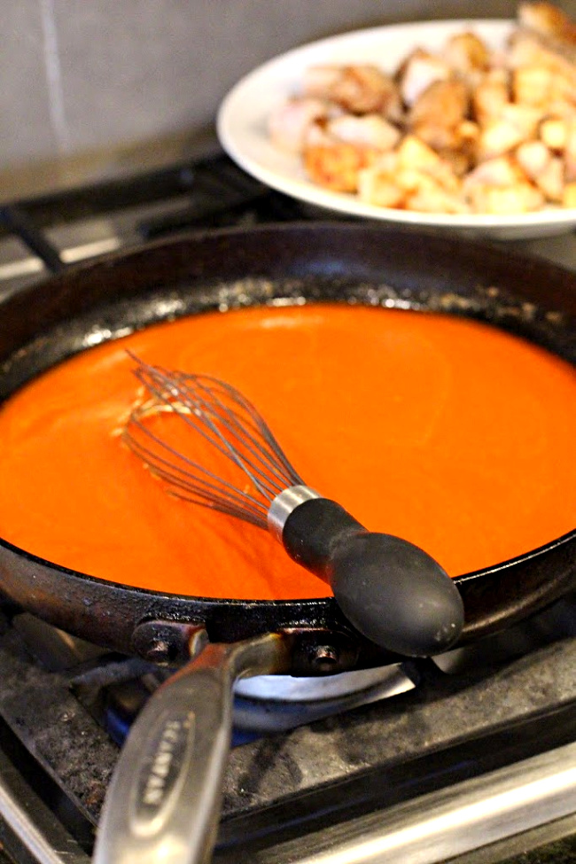 New Mexico Red Chile Sauce cooking stovetop.