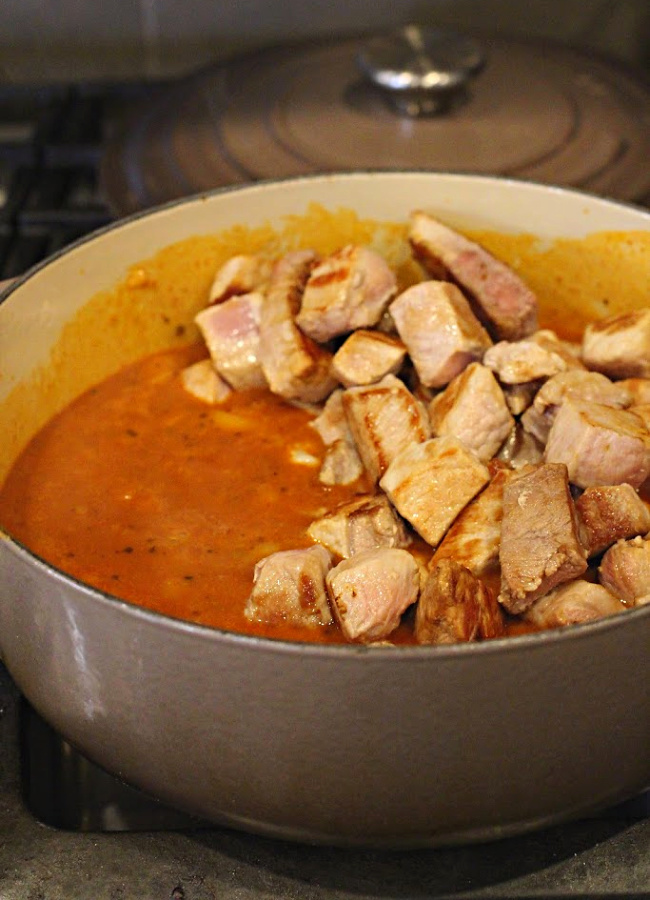Browned pork loin roast in New Mexico Red Chile Sauce