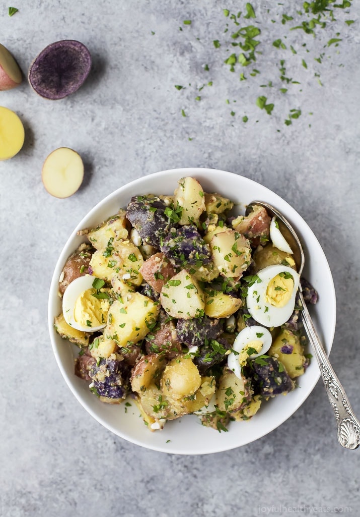 Patriotic potato salad made with red white and blue potatoes.