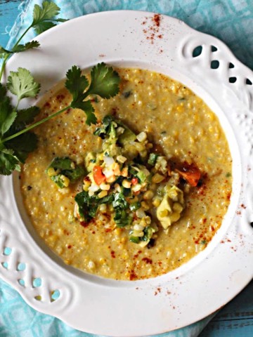 Sweet corn soup topped with caramelized corn salsa