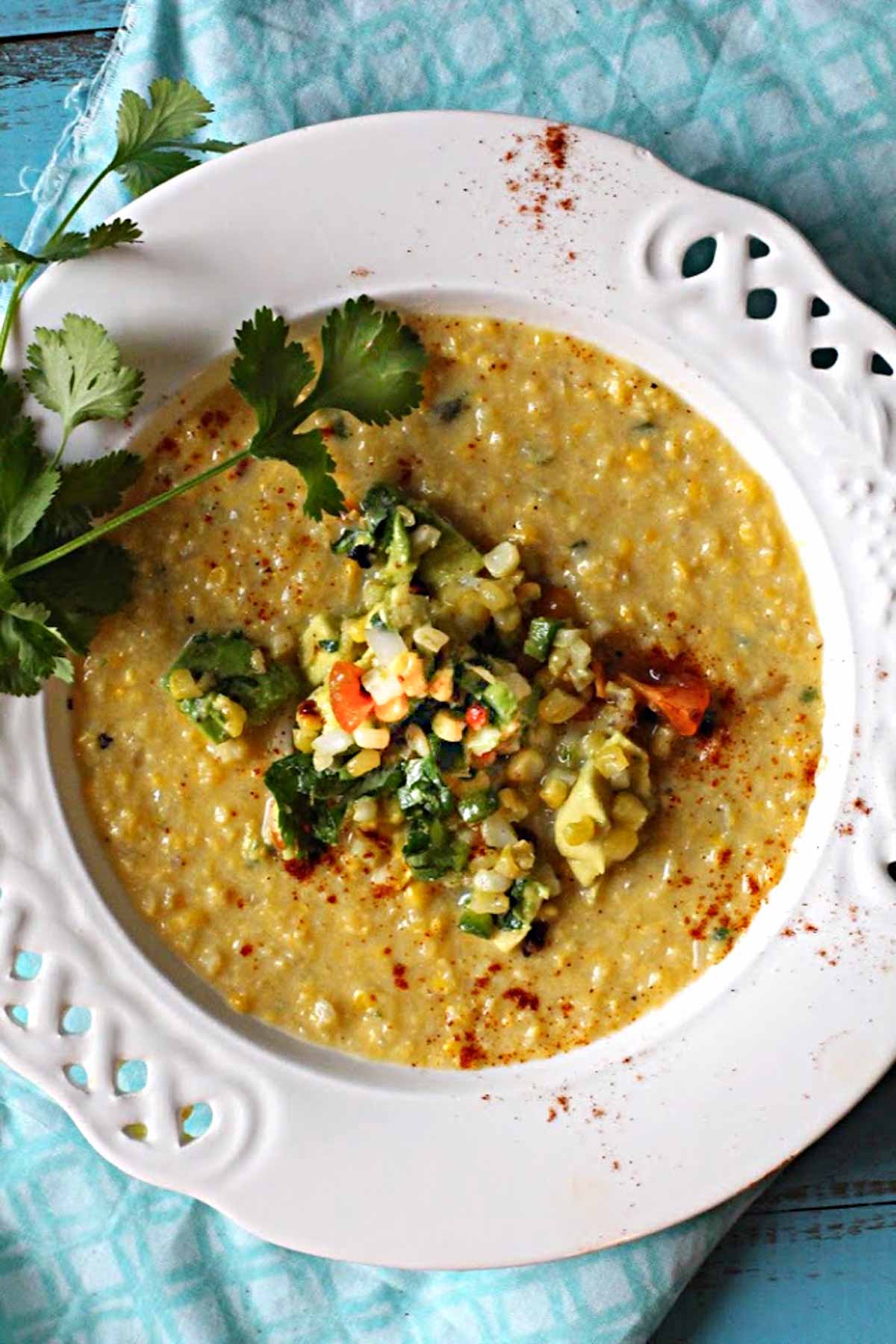 Sweet corn soup topped with caramelized corn salsa
