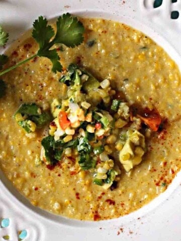 Sweet corn soup topped with corn guacamole