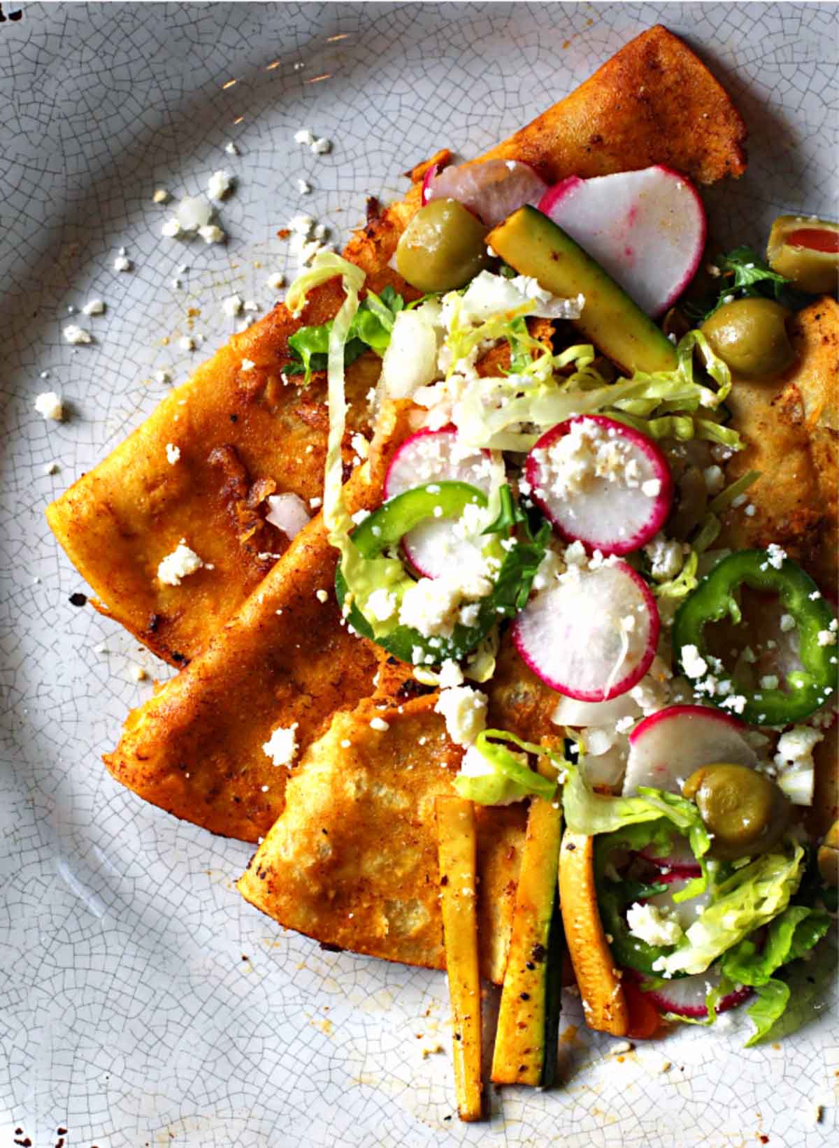 Street style folded enchiladas in red chile sauce topped with radish and crunchy vegetables