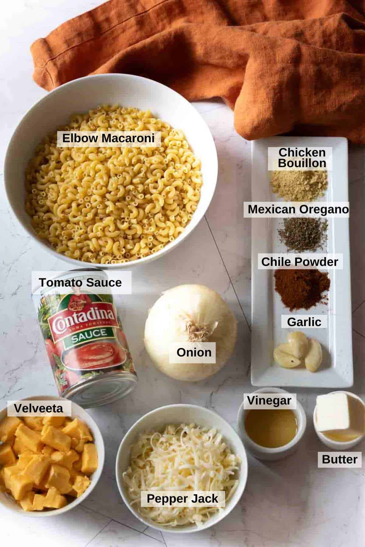 Ingredients to make Mexican Macaroni and Cheese.