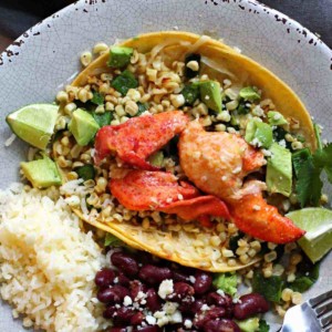 Lobster tacos with sweet corn and poblano peppers.