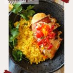 Spicy Mexican Chicken bacon wrapped and served with yellow rice