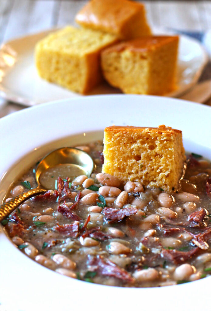 Ham and Beans soup with homemade cornbread.