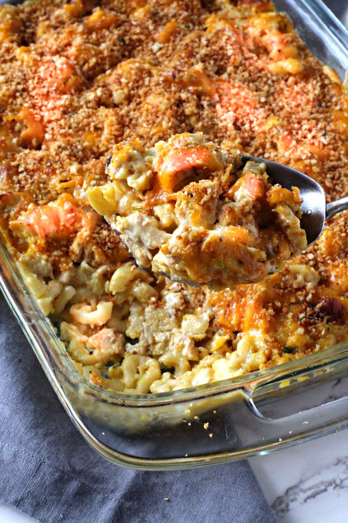 Left over turkey casserole with pasta and cheese in a 9 x 13 pyrex pan