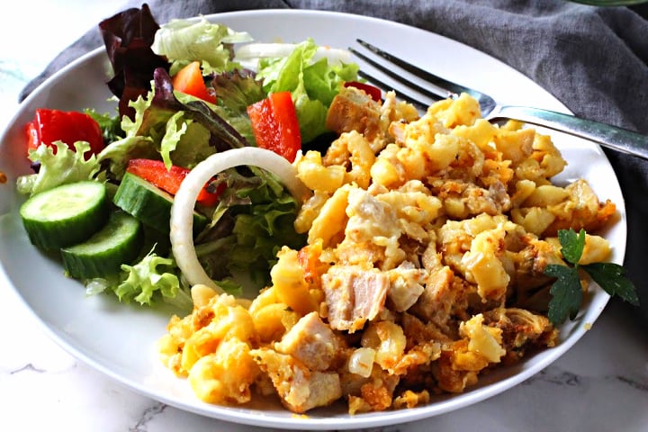 Turkey supreme casserole made with leftover Thanksgiving turkey, elbow macaroni, cream of chicken soup and milk. Topped with a panko bread crumb topping.