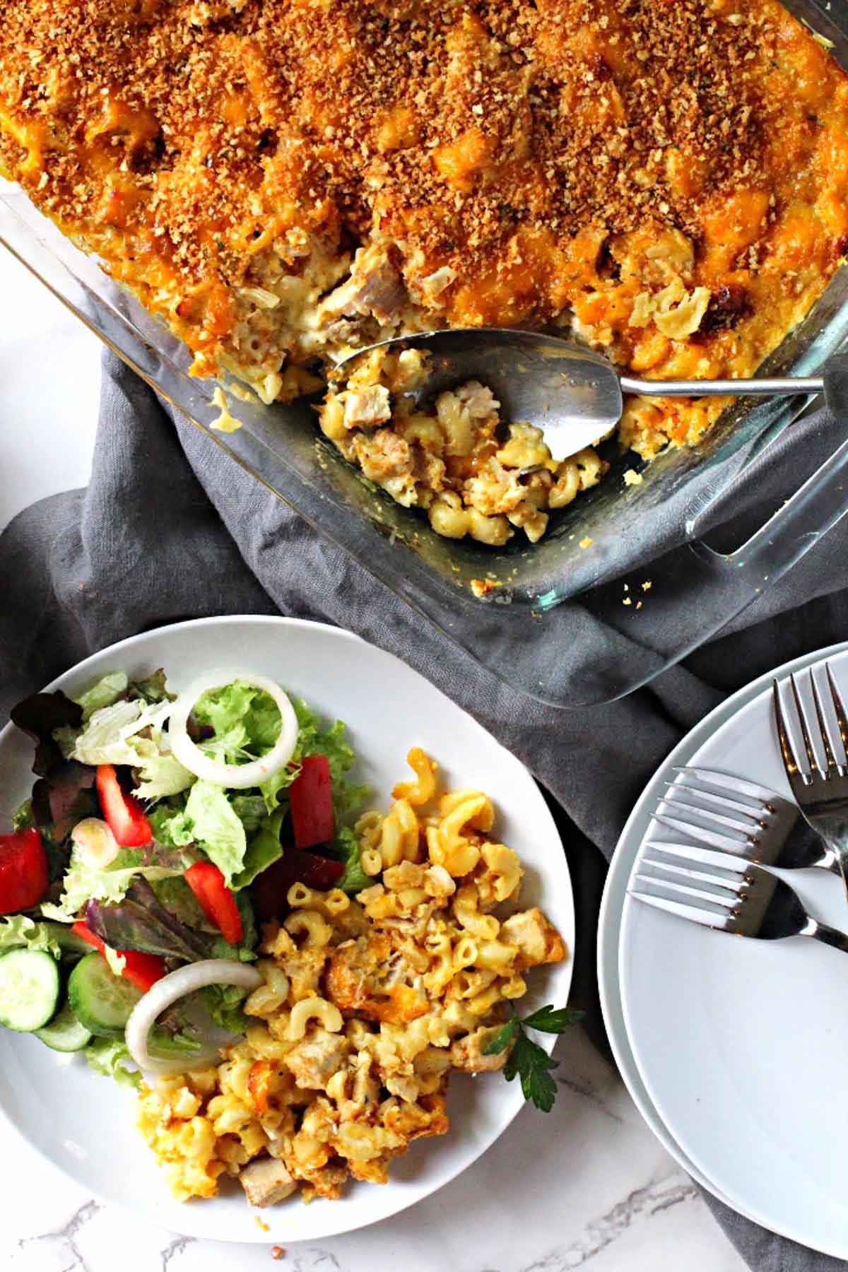 9 x 13 left over turkey casserole served with a tossed salad