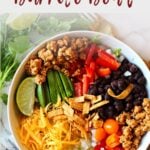 Rice Burrito Bowl with Ground Chicken tomatoes, peppers, cheese peppers and black beans