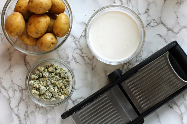 Ingredients and equipment for potatoes dauphonaise recipe