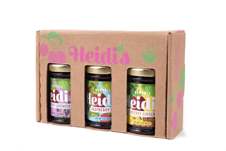 Heidi's raspberry jams in a gift box.