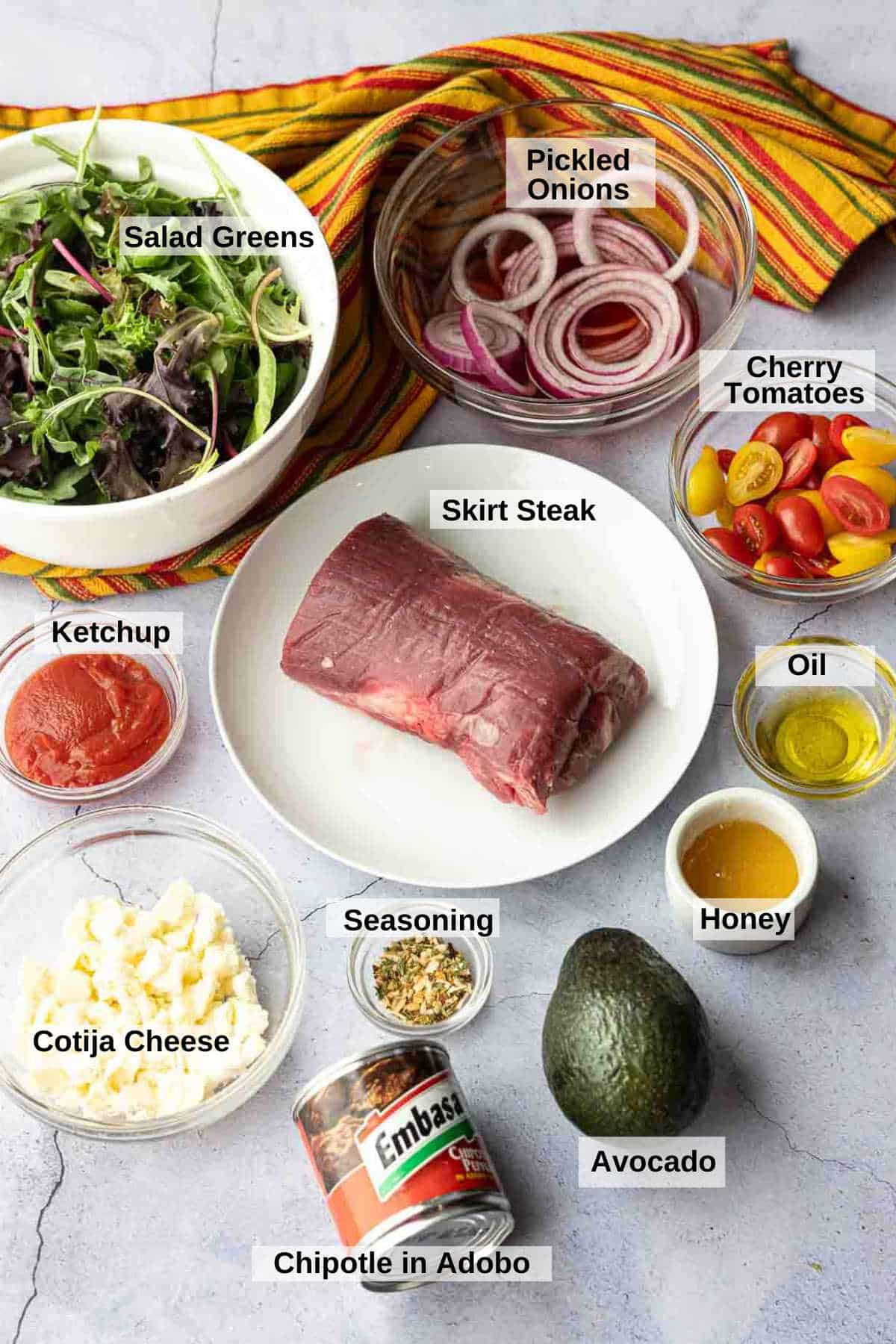 Ingredients to make the best skirt steak salad.