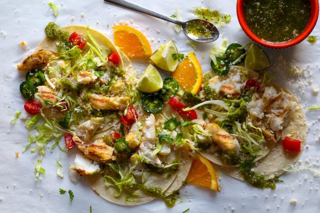 Spicy Fish tacos with cod and homemade tomatilla salsa
