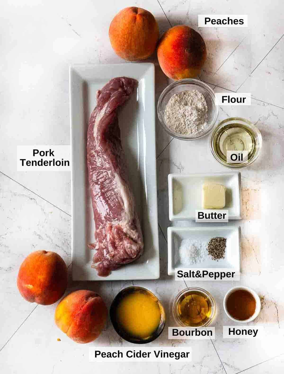 Ingredients to make pork tenderloin medallions with Peach Bourbon Compote.