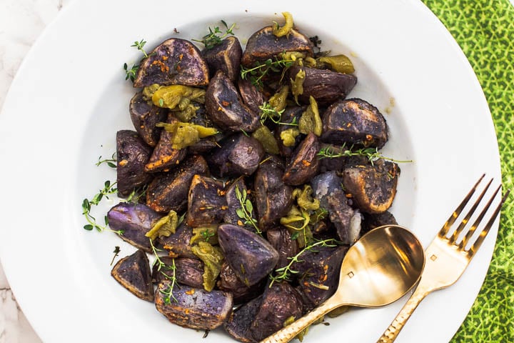 Purple potatoes roasted with garlic and thyme