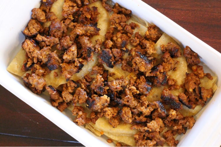 Adding cooked chorizo to breakfast casserole