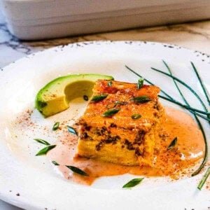 A slice of chorizo Mexican breakfast casserole.