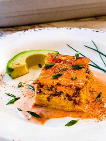 A slice of chorizo Mexican breakfast casserole.