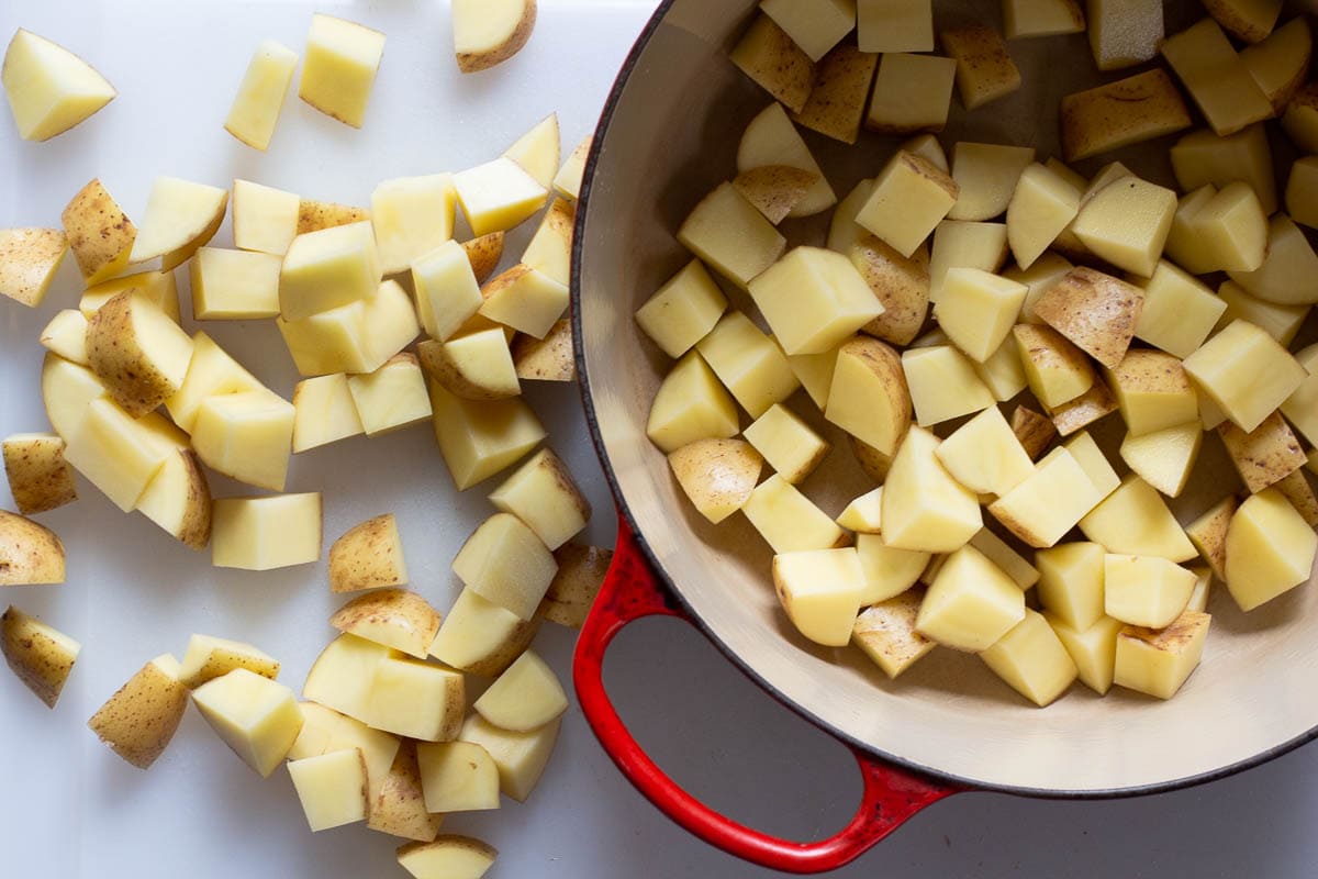Cubed yukon gold potatoes ready to be boiled for mashed potatoes