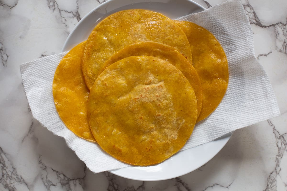 Fried Corn Tortillas to make a Mexican breakfast casserole.