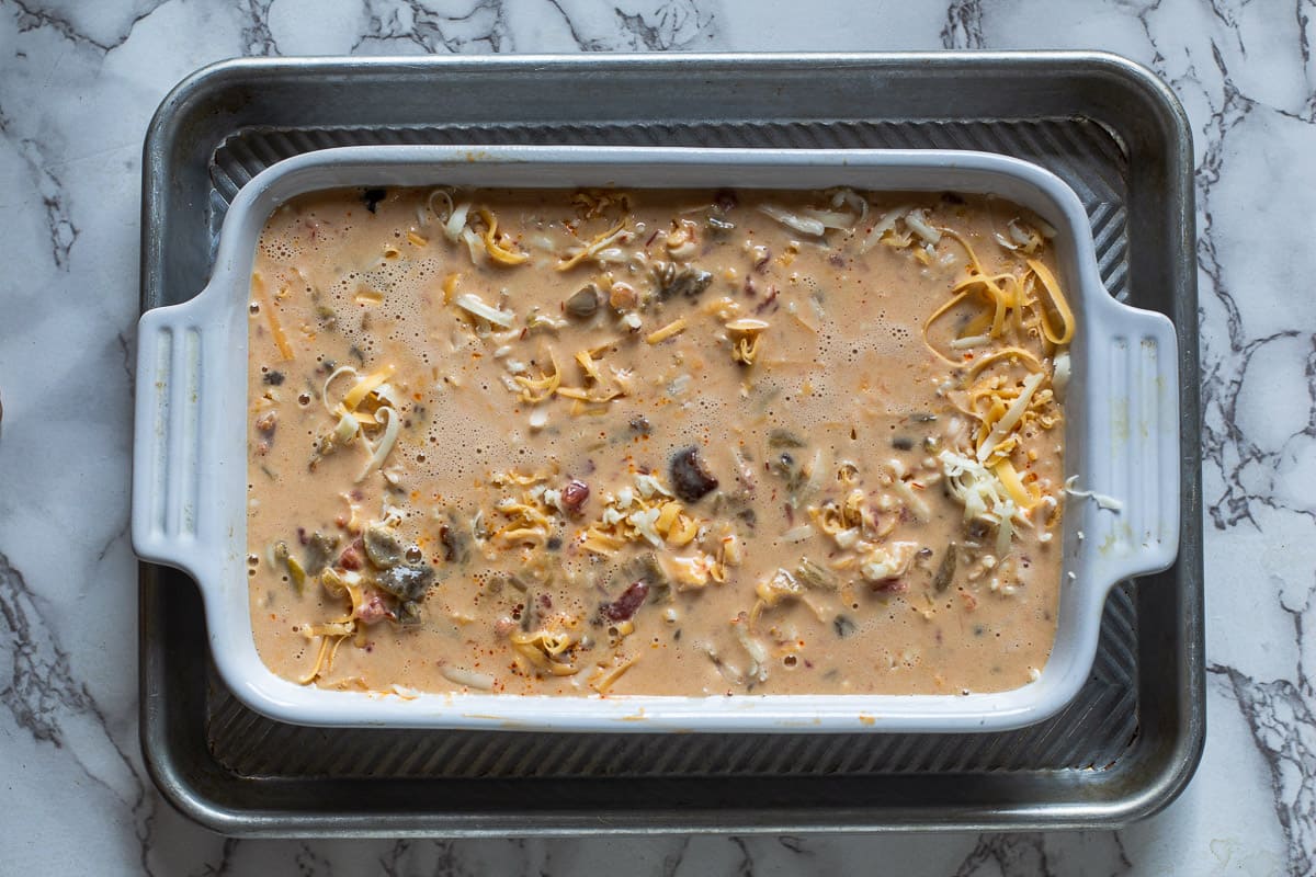 Mexican Breakfast Casserole ready to bake.