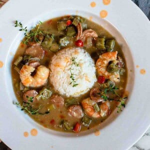 Shrimp sausage gumbo with rice.